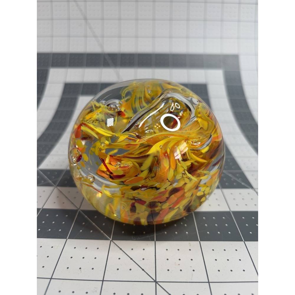 Large Art Glass Yellow & Orange Swirl Paperweight 3.25" x 3.75" Marked W3 2013 - Picture 1 of 6